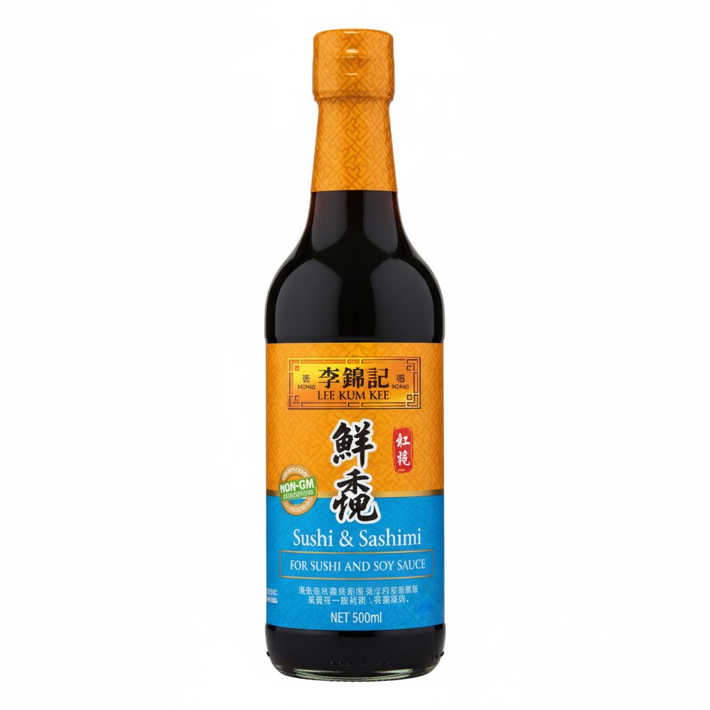 Mei Wei: Molho de Soja para Sushi e Sashimi Lee Kum Kee 500ml - Embalagem em Fundo Branco