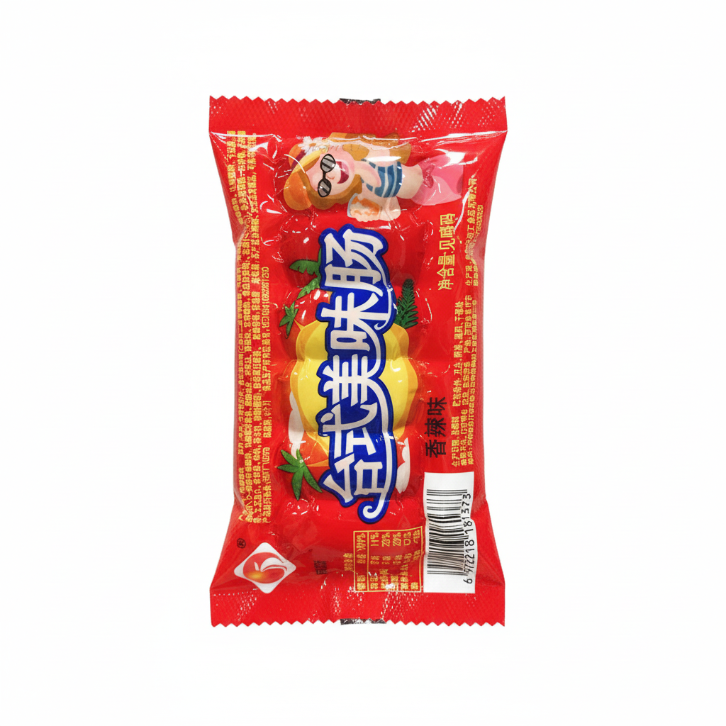 Mei Wei: Mini Salsicha Sabor Tomate HanShi 18g - Embalagem em Fundo Branco