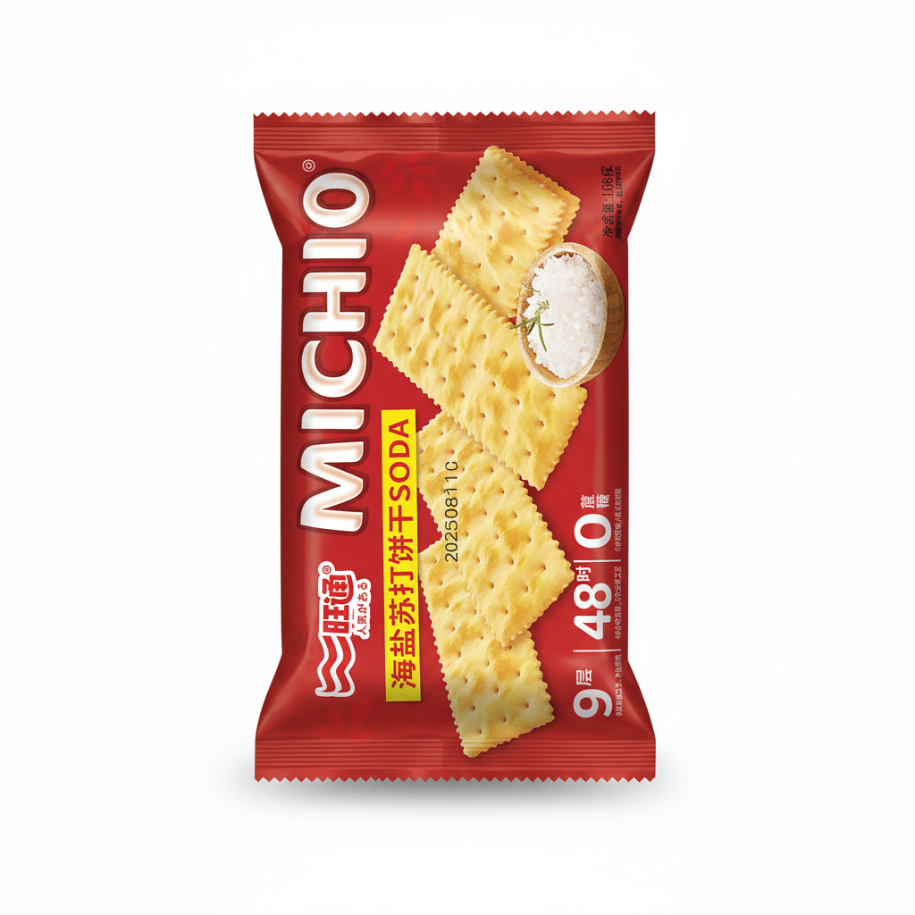 Mei Wei: Biscoito Soda Sal Marinho Michio 108g - Embalagem em Fundo Branco