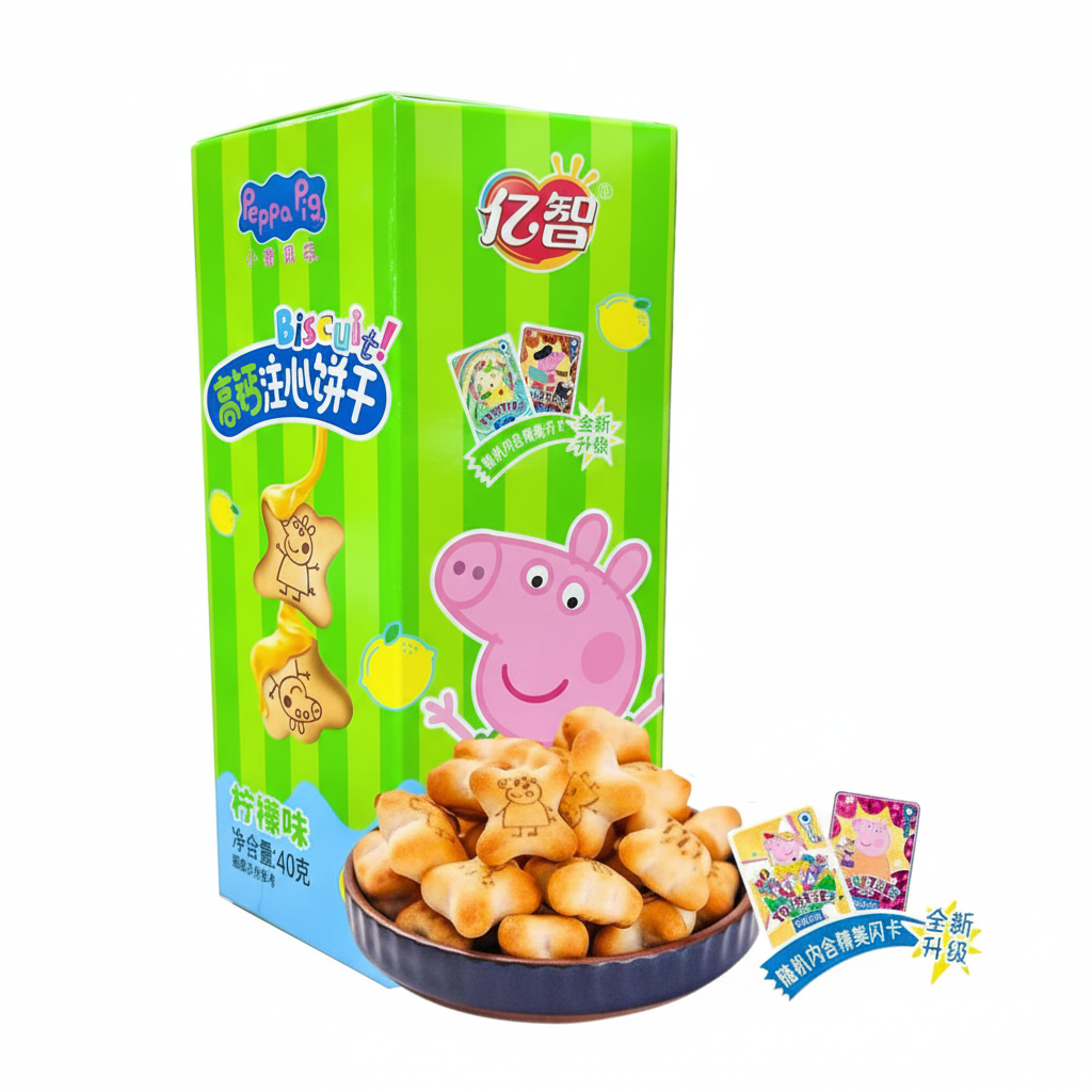 Mei Wei: Biscoitos Recheados Sabor Limão Peppa Pig Yizhi 40g - Embalagem em Fundo Branco