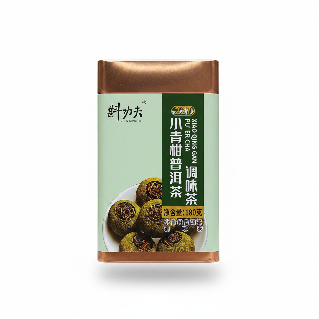 Mei Wei: Chá Pu-erh com Tangerina Verde 小青柑普洱茶 Zhen Gong Fu 180g - Embalagem em Fundo Branco
