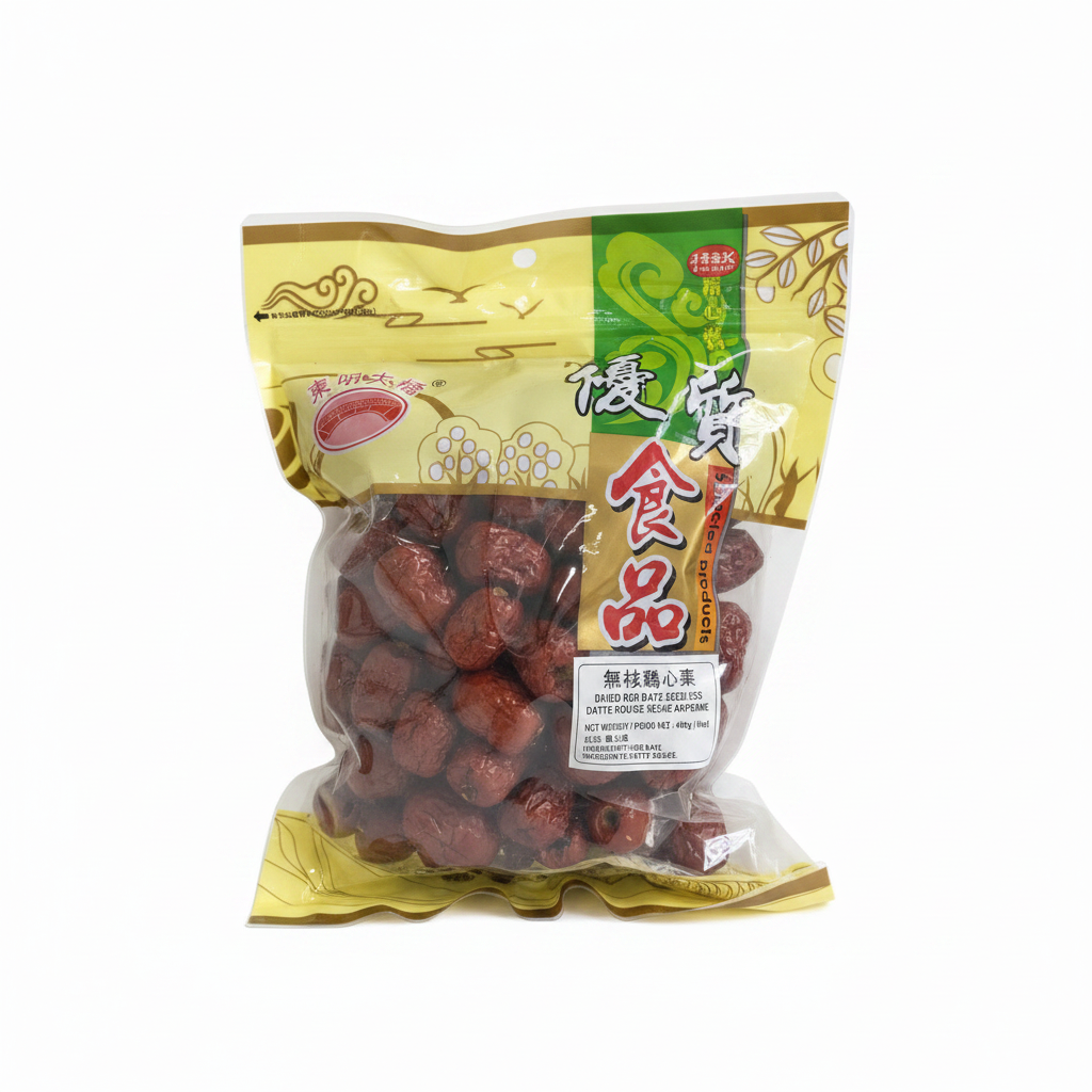 Mei Wei: Tâmaras Jujuba Sem Caroço Dongming Daqiao 400g - Embalagem em Fundo Branco