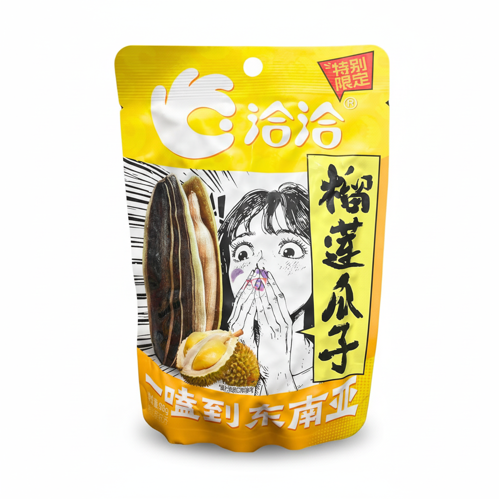 Mei Wei: Salgadinho Semente de Girassol Sabor Durian 榴莲瓜子 ChaCha 88g - Embalagem em Fundo Branco