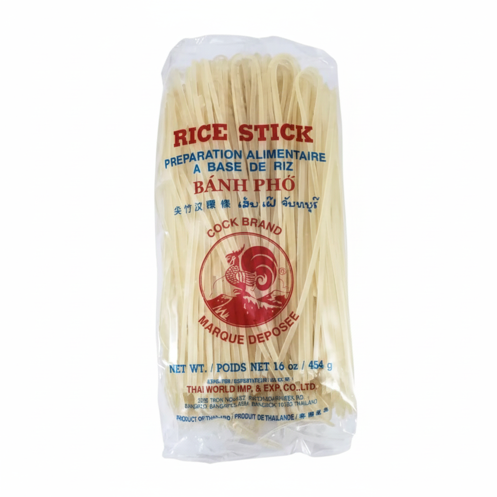 Mei Wei: Macarrão de Arroz 3mm Cock Brand 454g - Embalagem em Fundo Branco