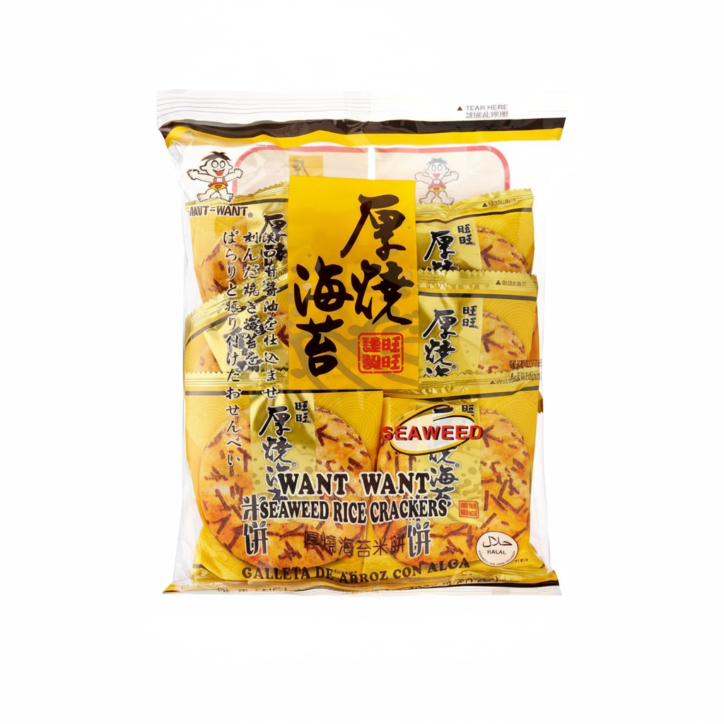 Mei Wei: Biscoito Salgado de Arroz com Alga Marinha Want Want 136g - Embalagem em Fundo Branco