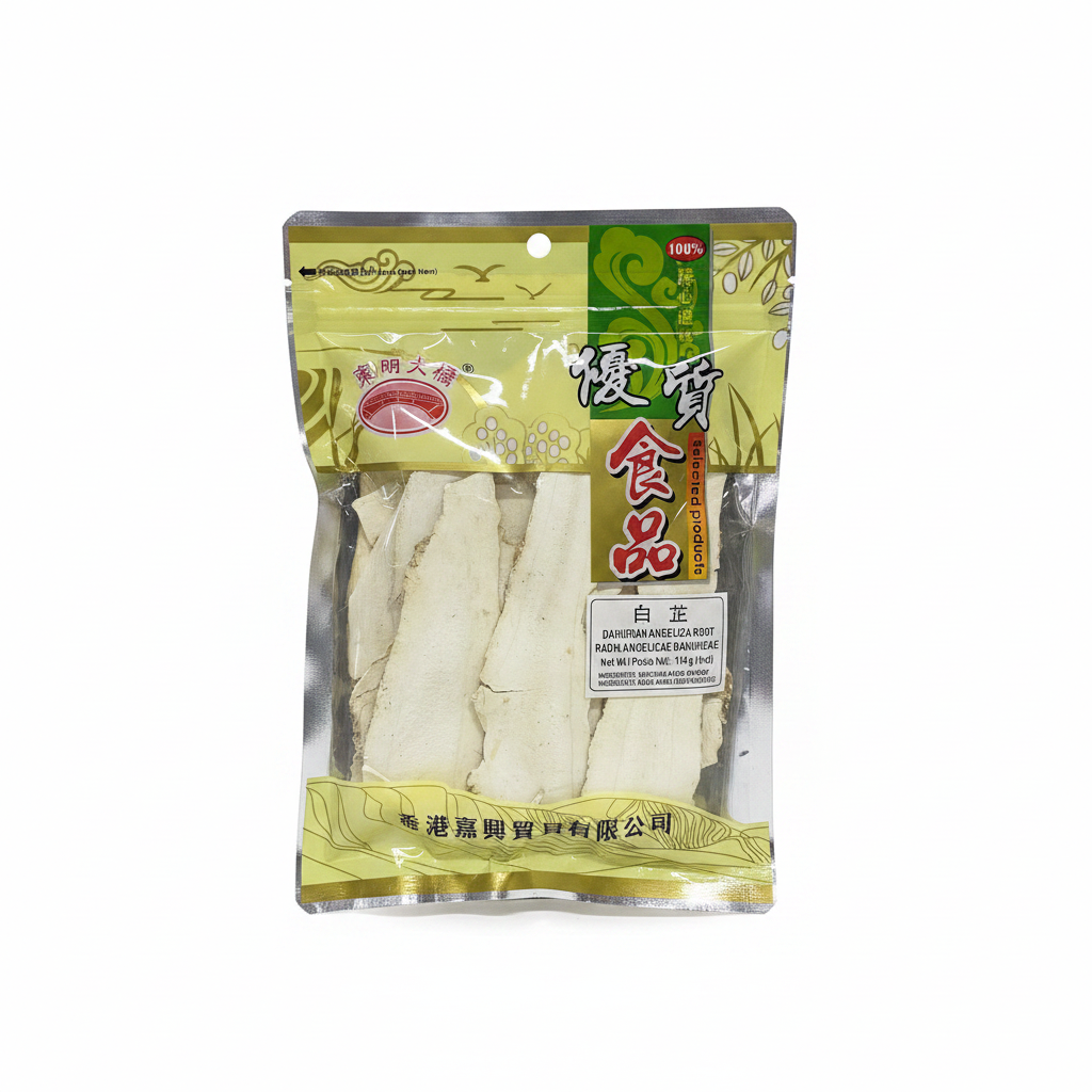 Mei Wei: Angélica Chinesa Bai Zhi Dongming Daqiao 114g - Embalagem em Fundo Branco