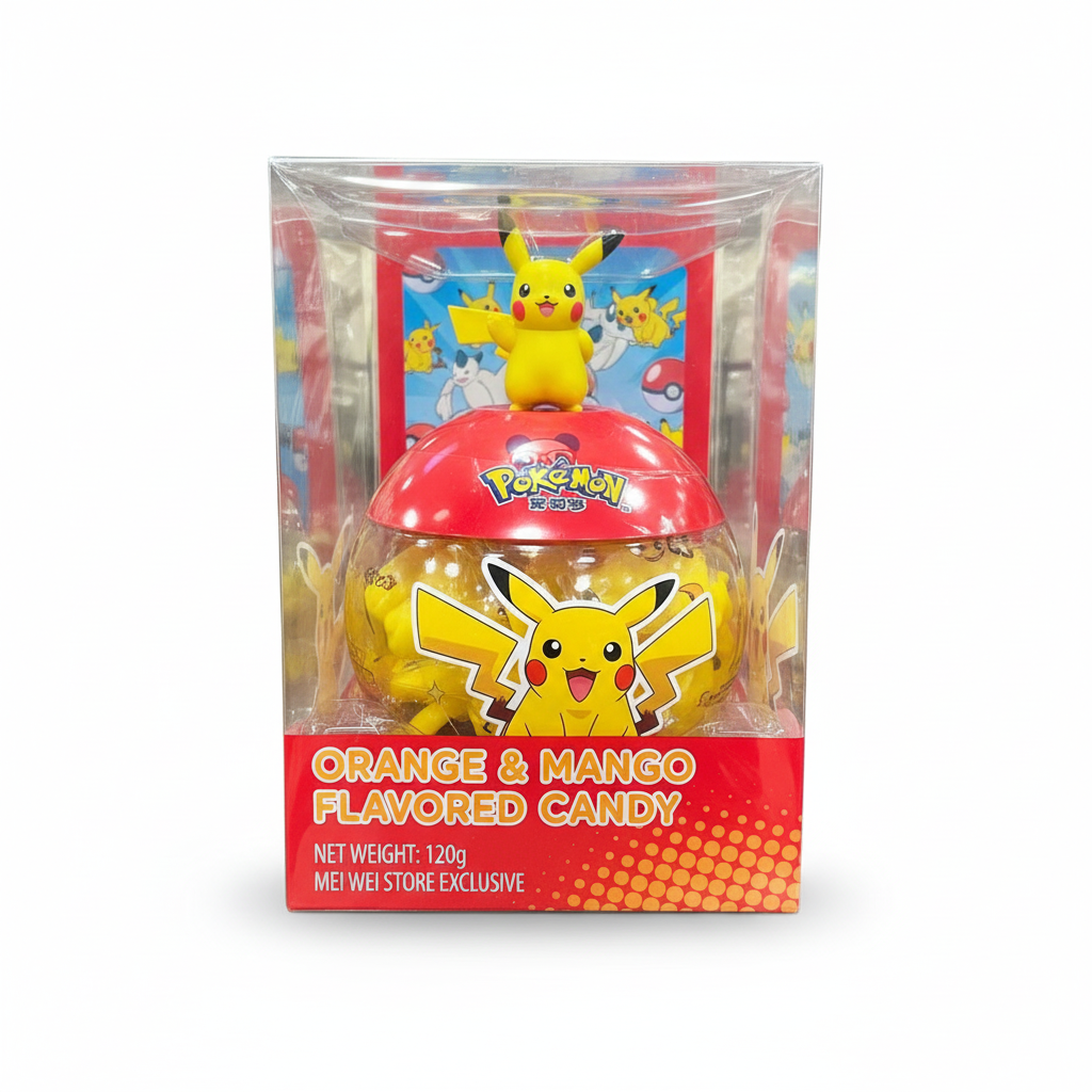 Mei Wei: Balas sabor laranja e manga Pokémon com porta balas Pikachu 120g - Embalagem em Fundo Branco