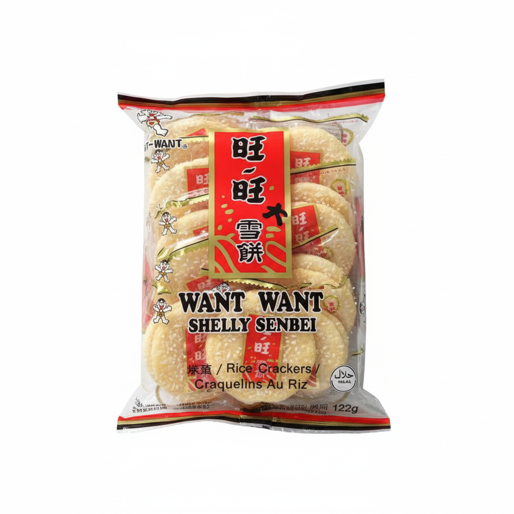 Mei Wei: Biscoito de Arroz Doce Senbei Want Want 122g - Embalagem em Fundo Branco