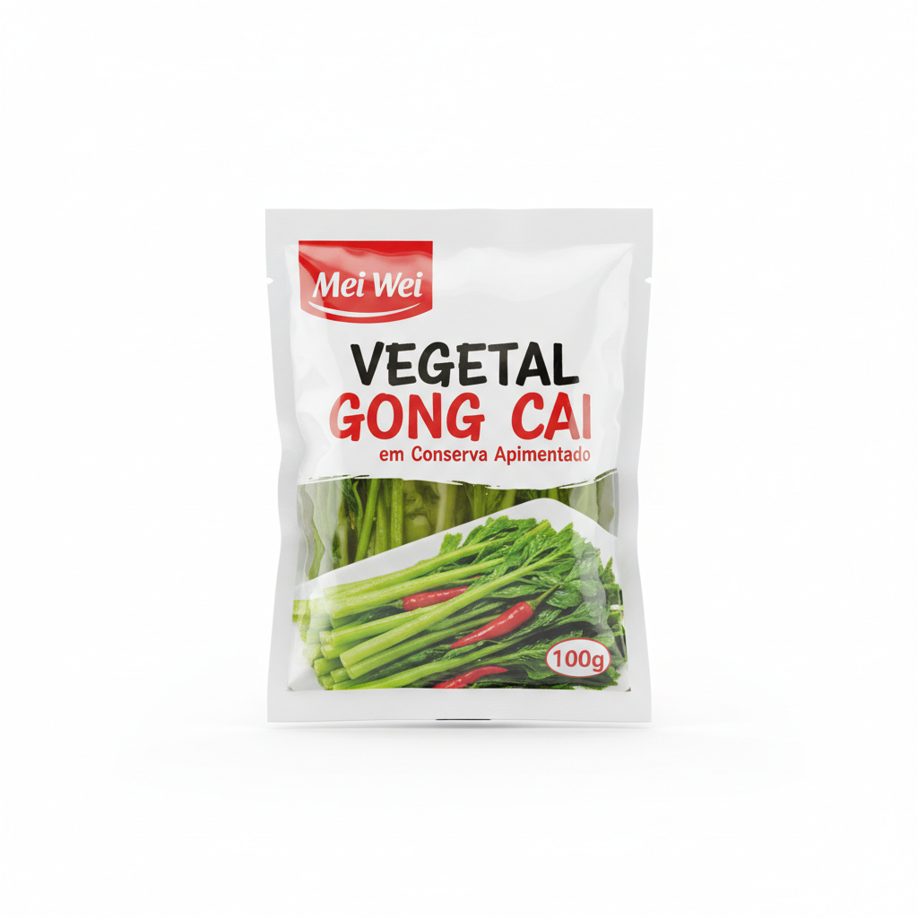 Mei Wei: Vegetal Gong Cai em Conserva Apimentado 100g - 贡菜 - Embalagem em Fundo Branco