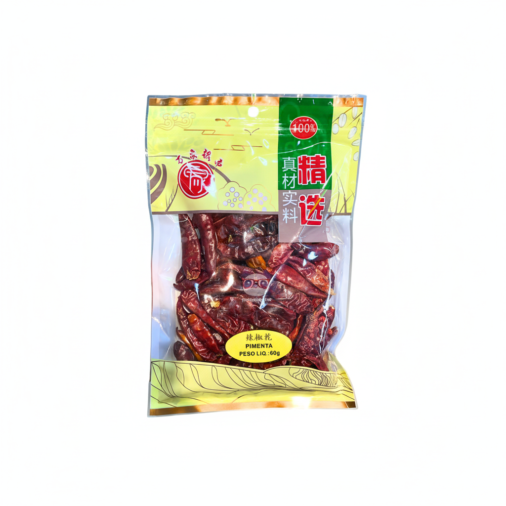 Mei Wei: Pimenta Vermelha Seca Tianjin Chilli Guangdong 60g - Embalagem em Fundo Branco