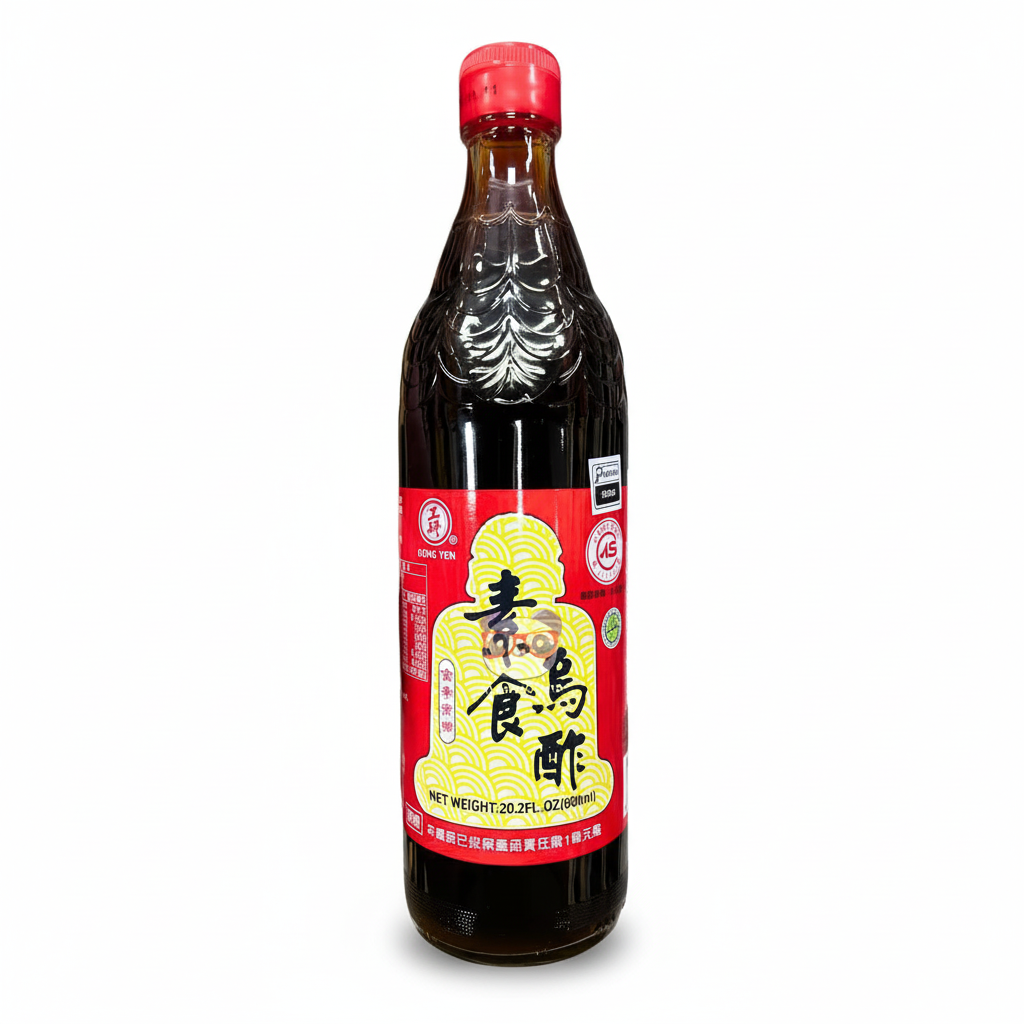 Mei Wei: Vinagre Preto de Arroz Kong Yen 600ml - Embalagem em Fundo Branco