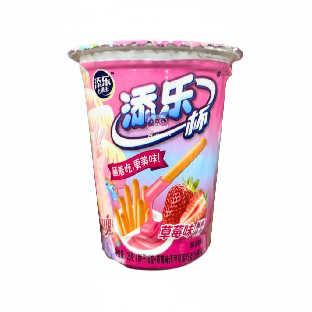 Mei Wei: Biscoito Palito com Creme Sabor Morango Tian Le 25g - Embalagem em Fundo Branco