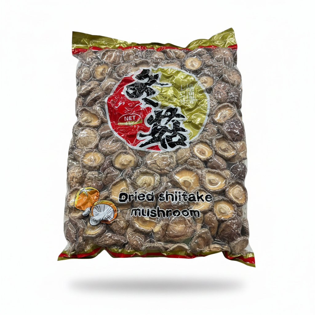 Mei Wei: Cogumelo Shiitake Piayang 4-5 Lisa 飆扬切足光面菇 3kg - Embalagem em Fundo Branco