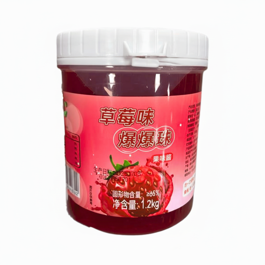Mei Wei: Pérolas Estouram de Morango para Bubble Tea 1,2kg - Embalagem em Fundo Branco