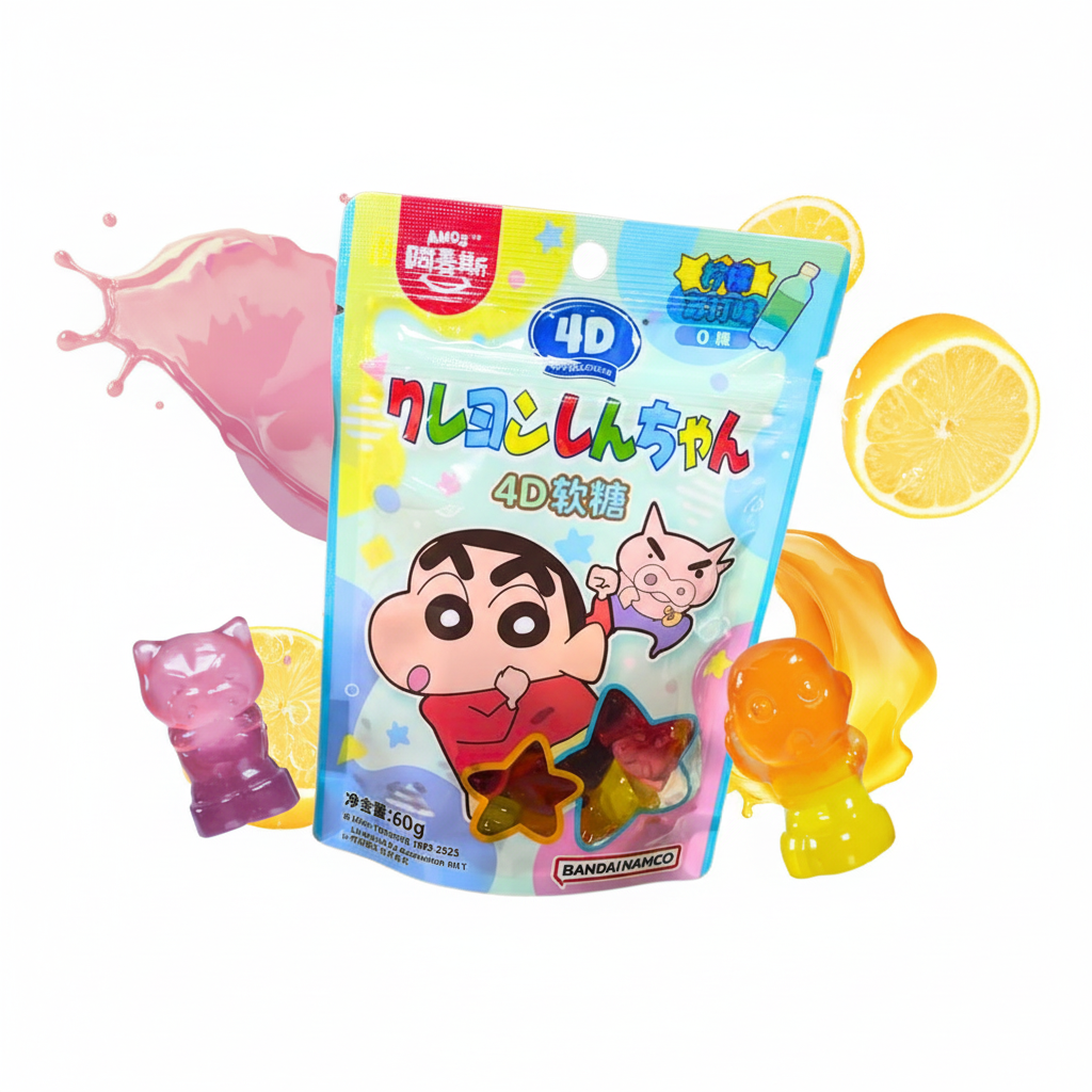 Mei Wei: Bala de Gelatina Soda Japonesa Crayon Shin-chan Amos 60g - Embalagem em Fundo Branco