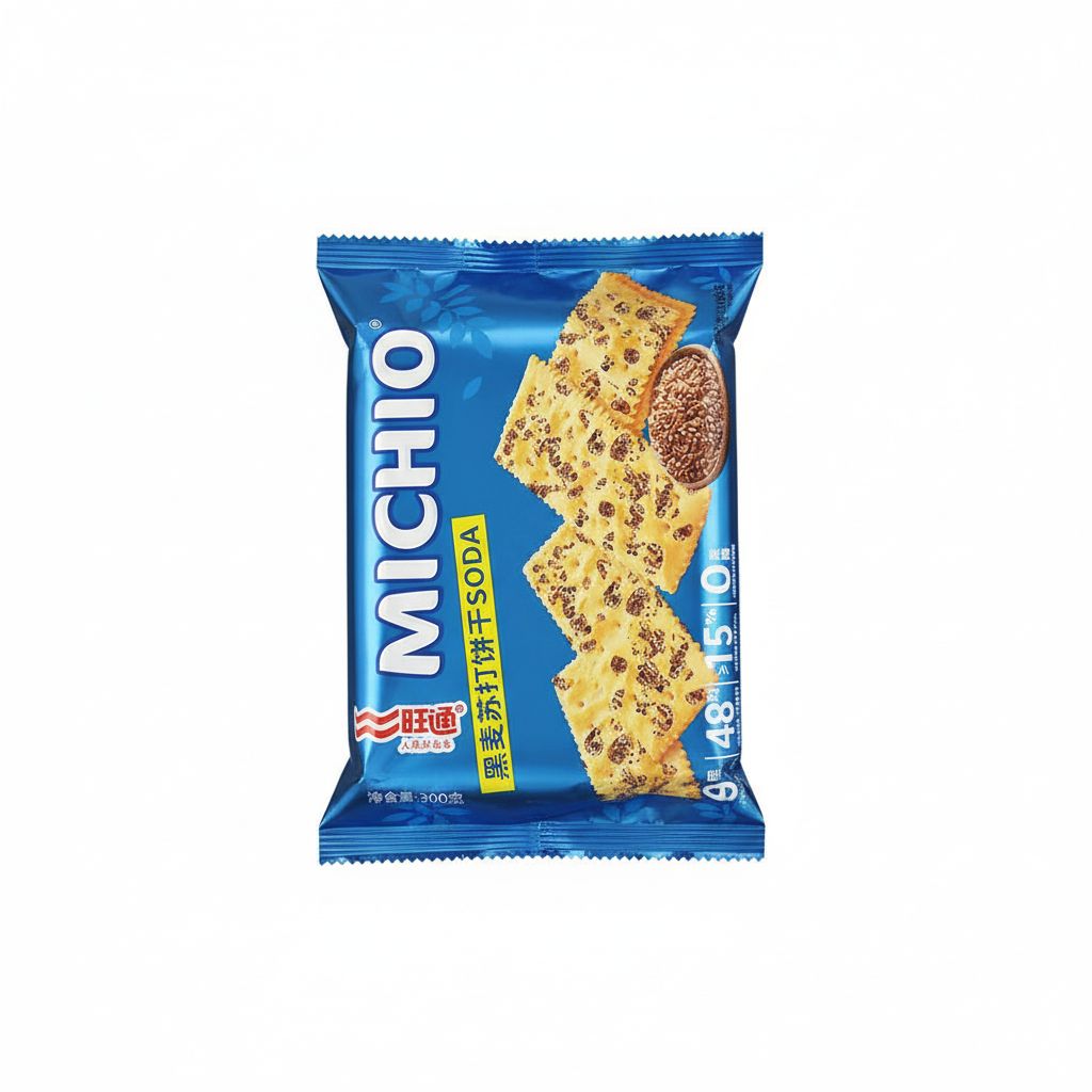 Mei Wei: Biscoito Soda Gergelim Preto Michio 300g - Embalagem em Fundo Branco