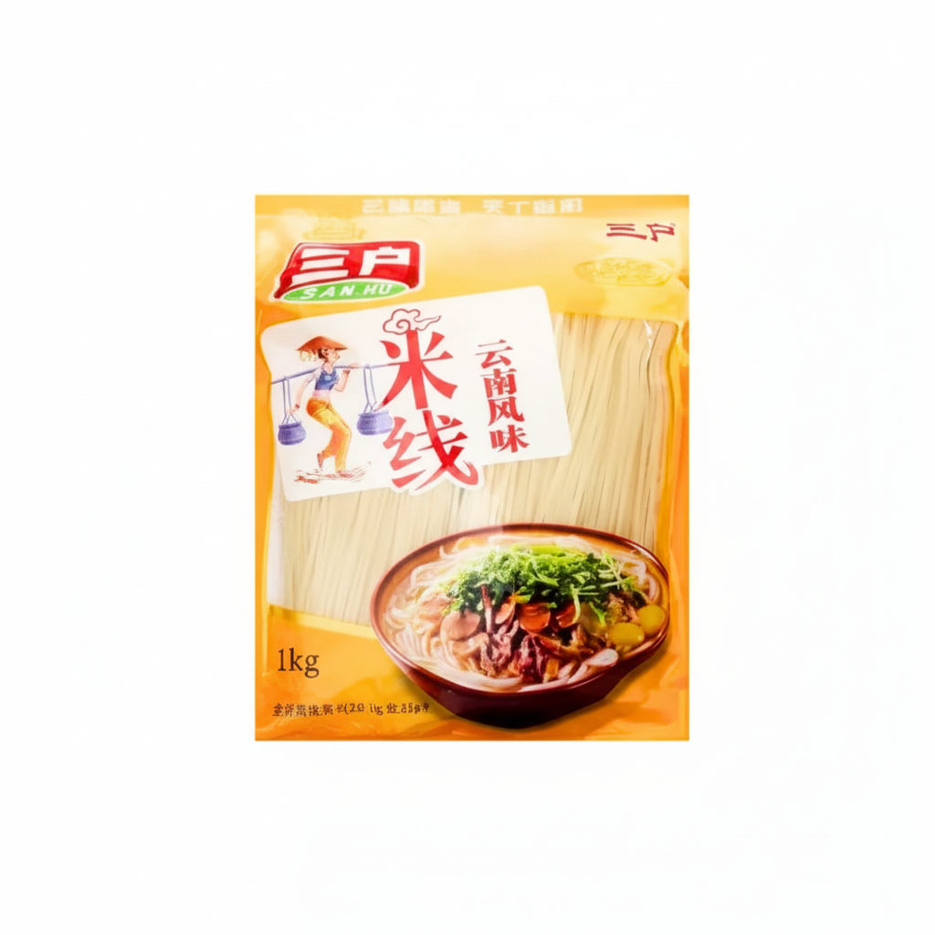 Mei Wei: Macarrão de Arroz Yunnan San-Hu 1kg 云南米线 - Embalagem em Fundo Branco