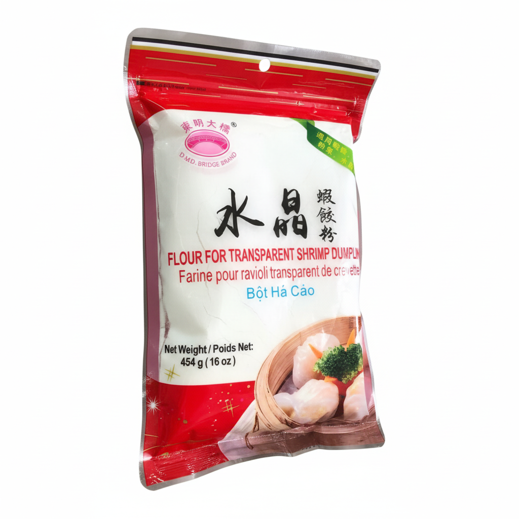 Mei Wei: Farinha para Hagao e Dim Sum D.M.D Bridge Brand 454g - Embalagem em Fundo Branco