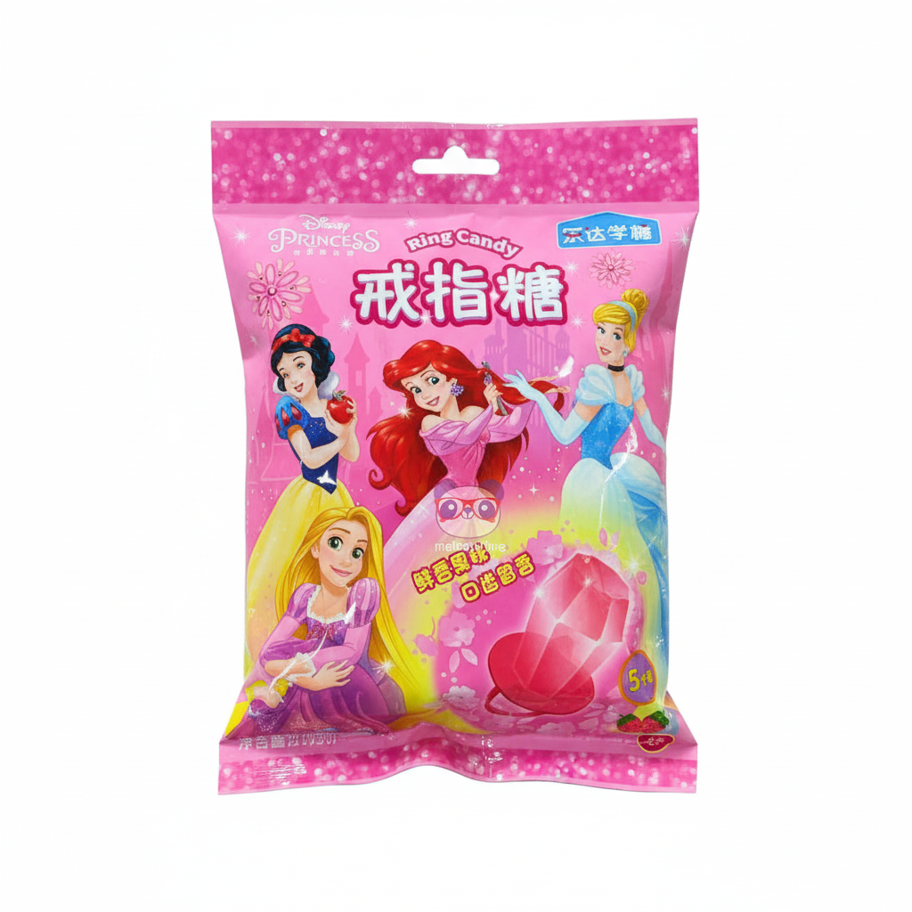 Mei Wei: Pirulito de Anel Sabor Morango Princesas da Disney 50g - Embalagem em Fundo Branco