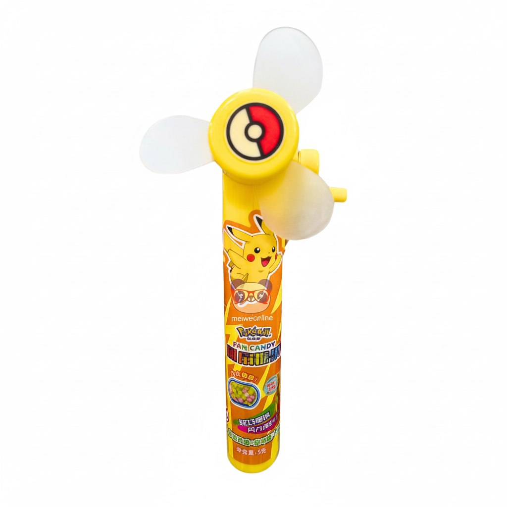 Mei Wei: Balas sabor frutas com porta balas e ventilador Pikachu 5g - Embalagem em Fundo Branco