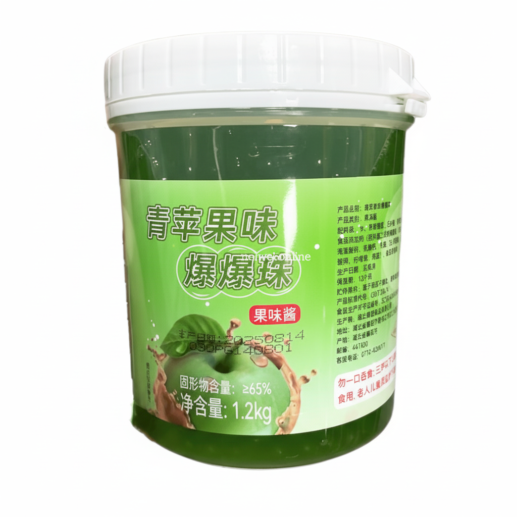 Mei Wei: Pérolas Estouram de Maçã Verde para Bubble Tea 1,2kg - Embalagem em Fundo Branco