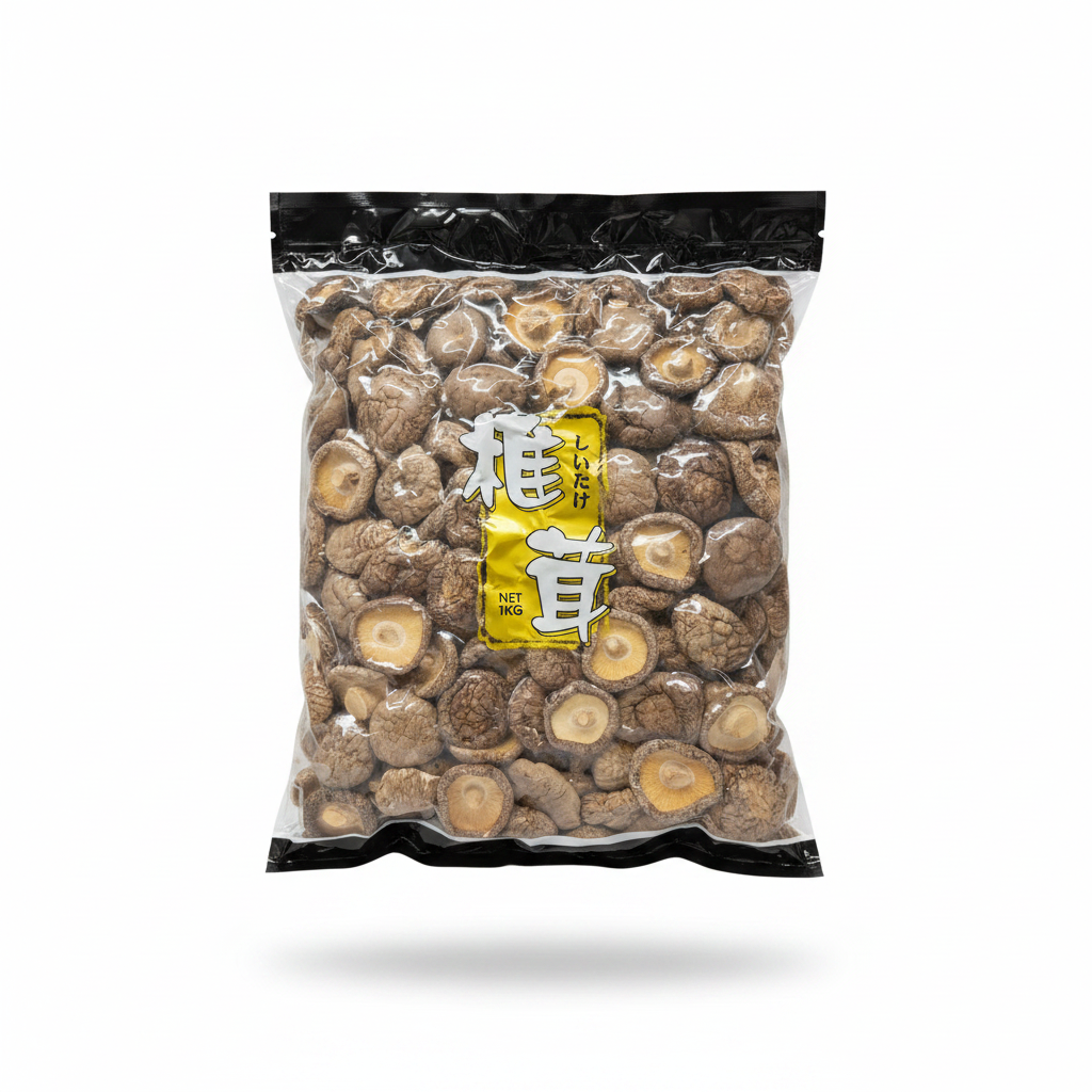 Mei Wei: Cogumelo Shiitake Piayang 4-5 Lisa 飆扬切足光面菇 1kg - Embalagem em Fundo Branco