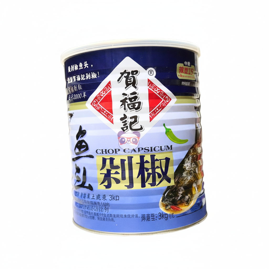 Mei Wei: Pimenta Verde Picada em Conserva Hefuji 3kg - 贺福记 剁椒 - Embalagem em Fundo Branco
