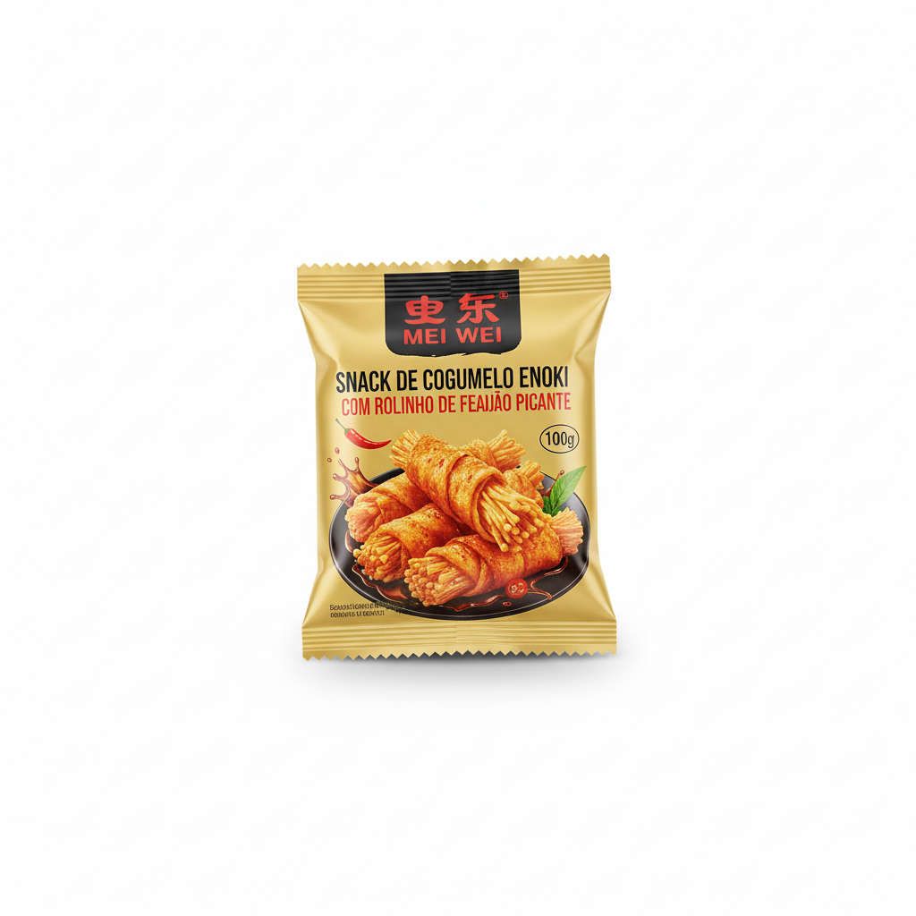 Mei Wei: Snack de Cogumelo Enoki com Rolinho de Feijão Picante Yo! Man 100g - Embalagem em Fundo Branco