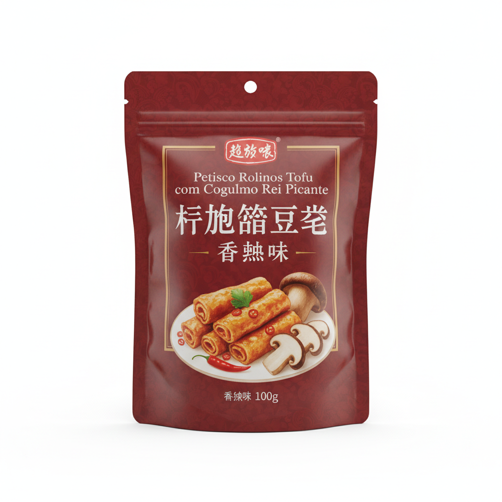 Mei Wei: Petisco Rolinhos Tofu com Cogumelo Rei Picante 100g - 超友味 杏鲍菇豆卷 香辣味 - Embalagem em Fundo Branco