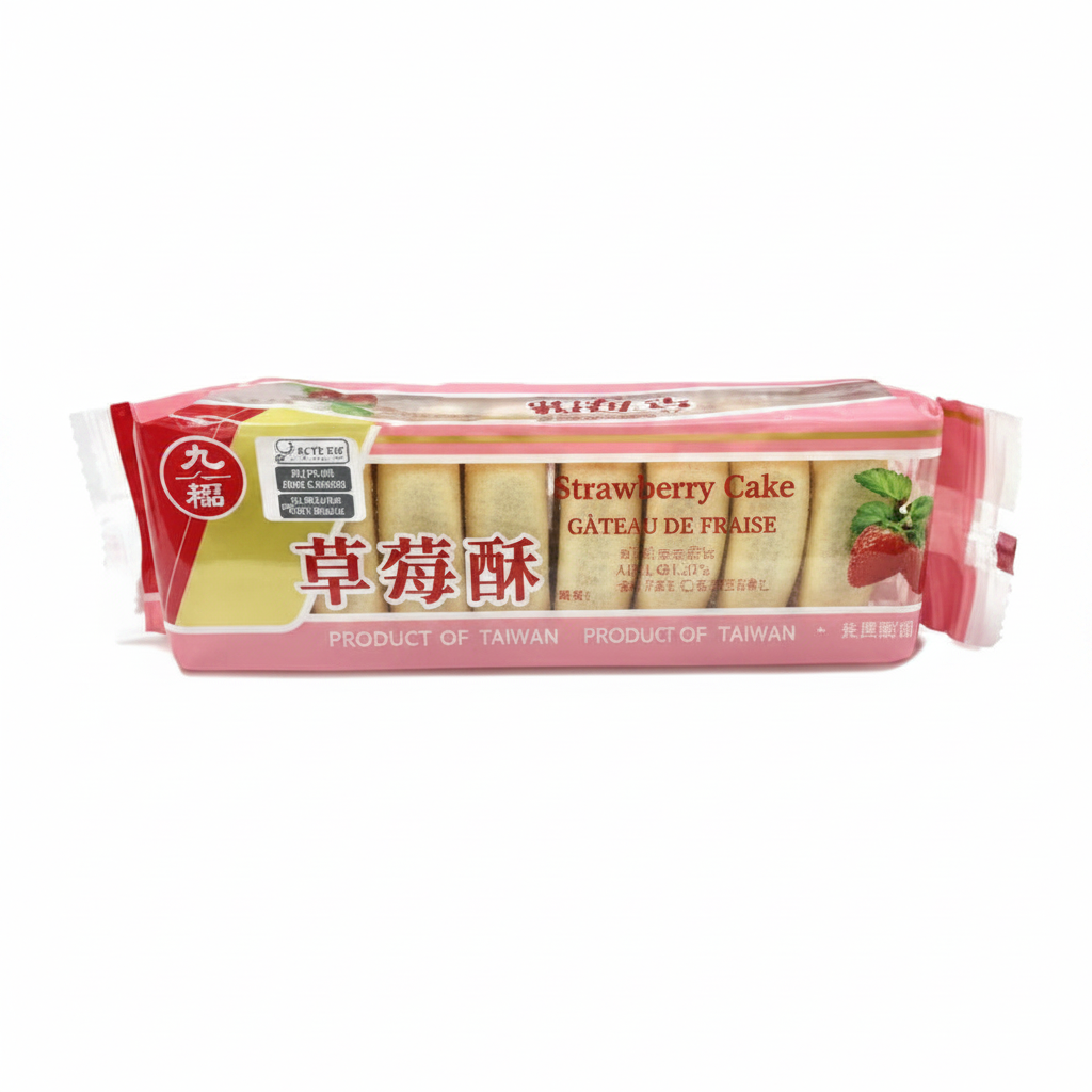 Mei Wei: Bolinho com Recheio Sabor Morango 草莓酥 CHO FU 227g - Embalagem em Fundo Branco