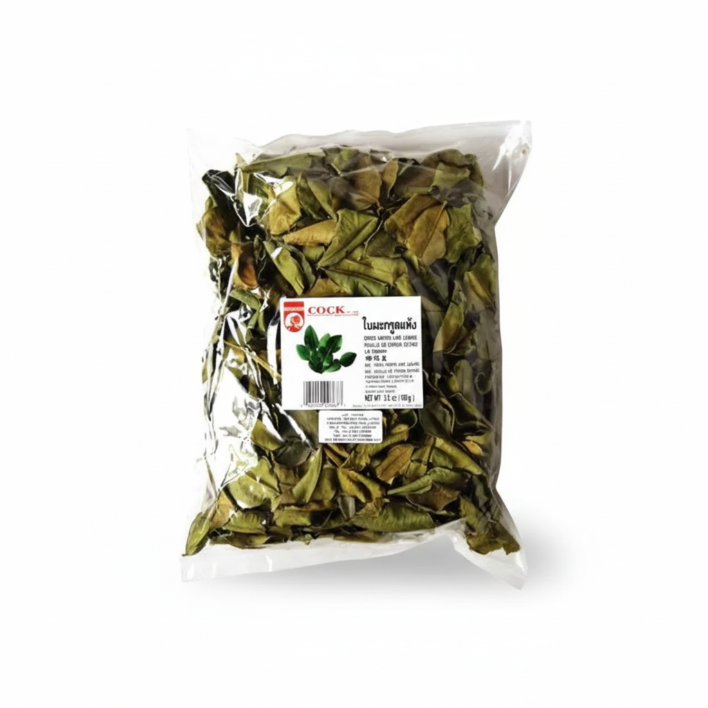 Mei Wei: Folhas de Limão Kaffir Desidratadas Cock Brand 100g - Embalagem em Fundo Branco