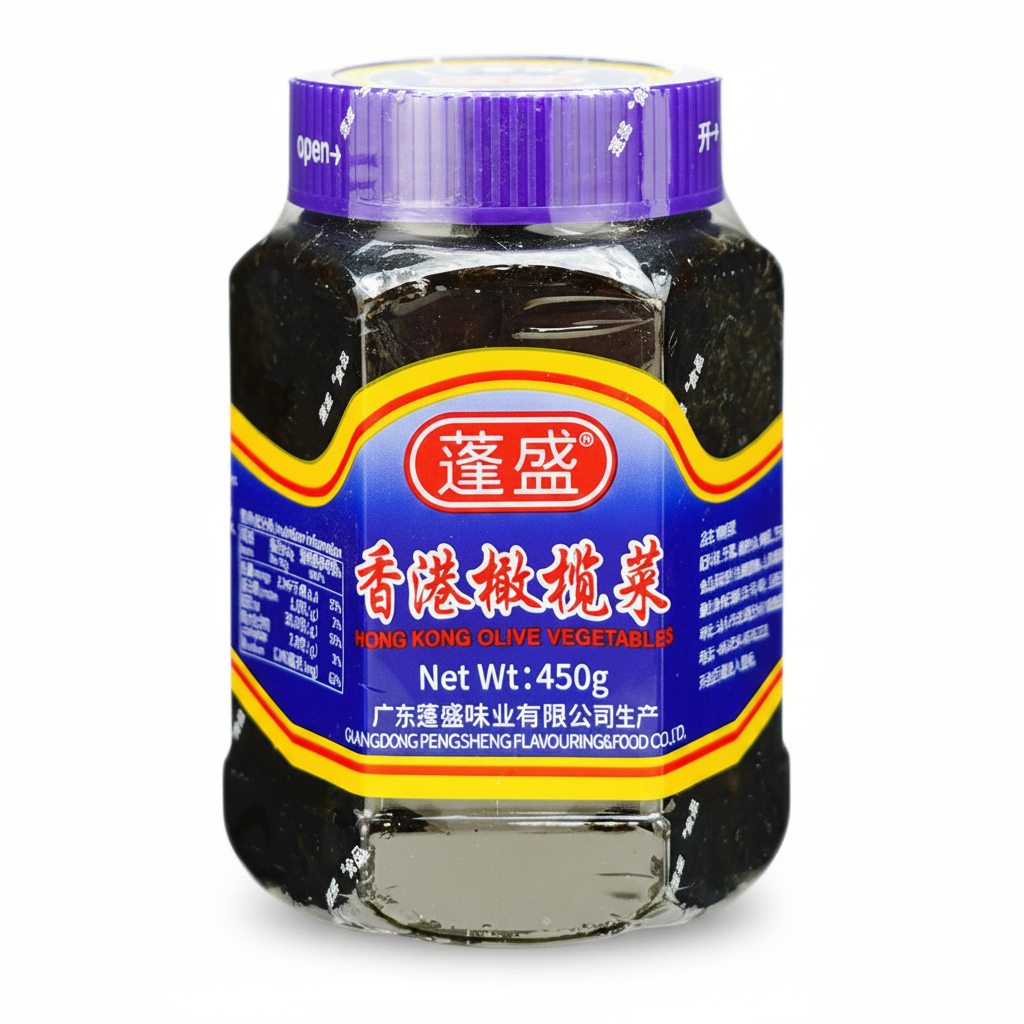 Mei Wei: Vegetais Preservados de Azeitona Hong Kong Pengsheng 450g - Embalagem em Fundo Branco