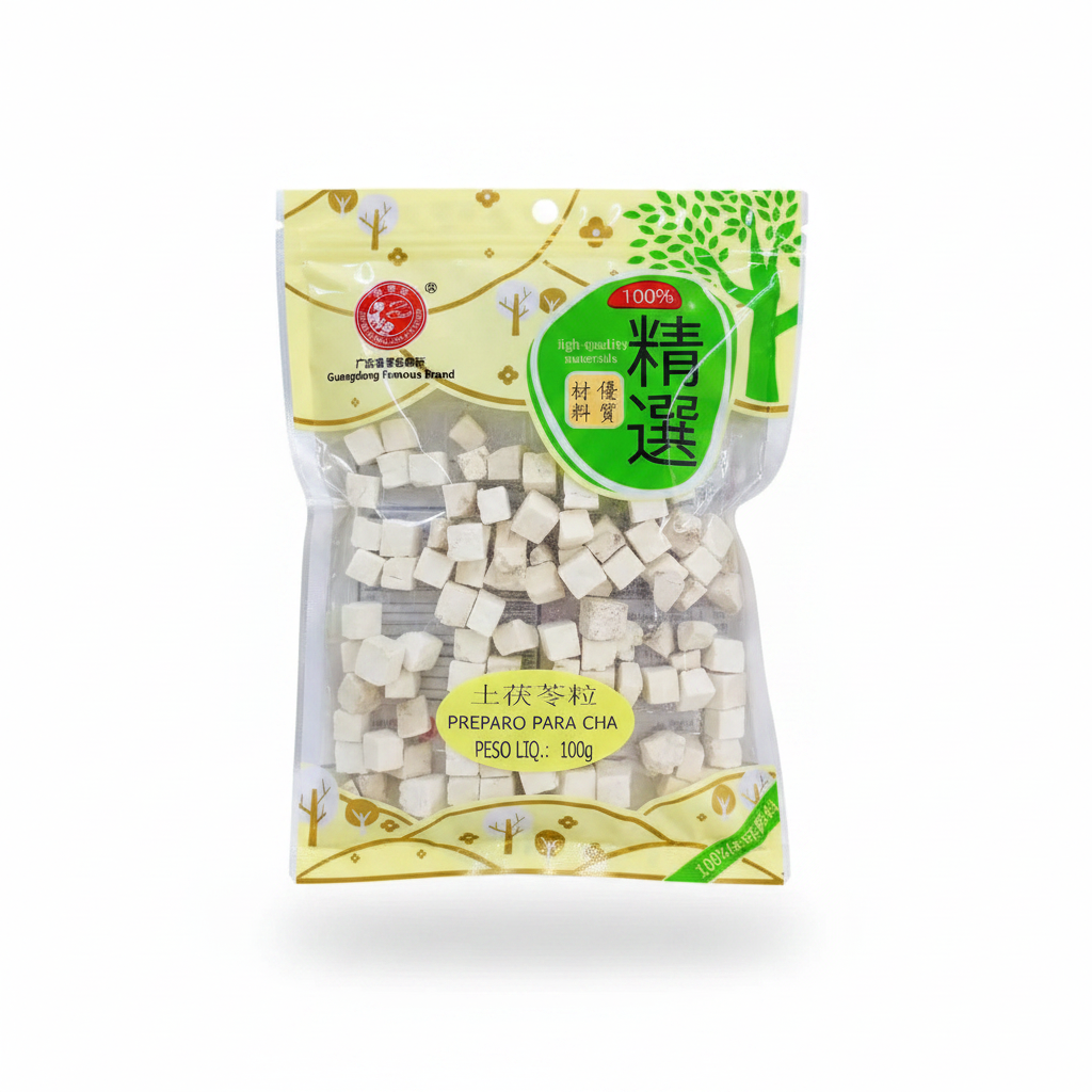 Mei Wei: Raiz de Smilax Glabra em Cubos Guanglong 土茸苓粒 100g - Embalagem em Fundo Branco
