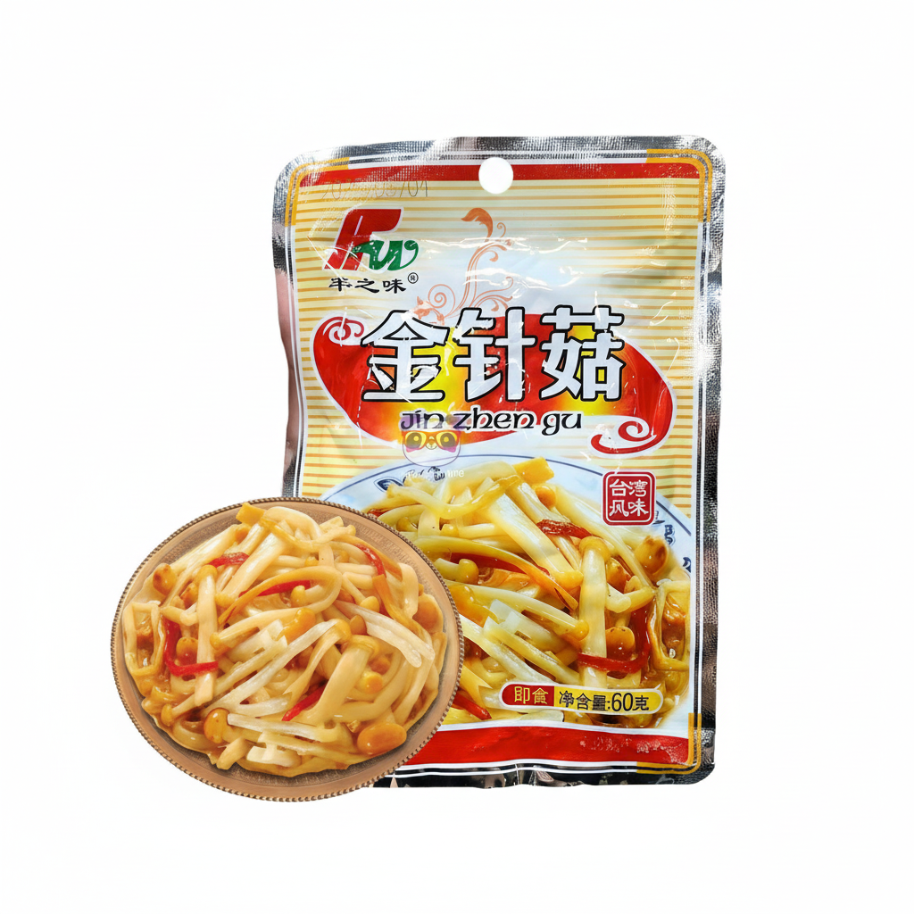 Mei Wei: Cogumelo Enoki em Conserva Sabor Taiwan 60g - 金针菇 - Embalagem em Fundo Branco