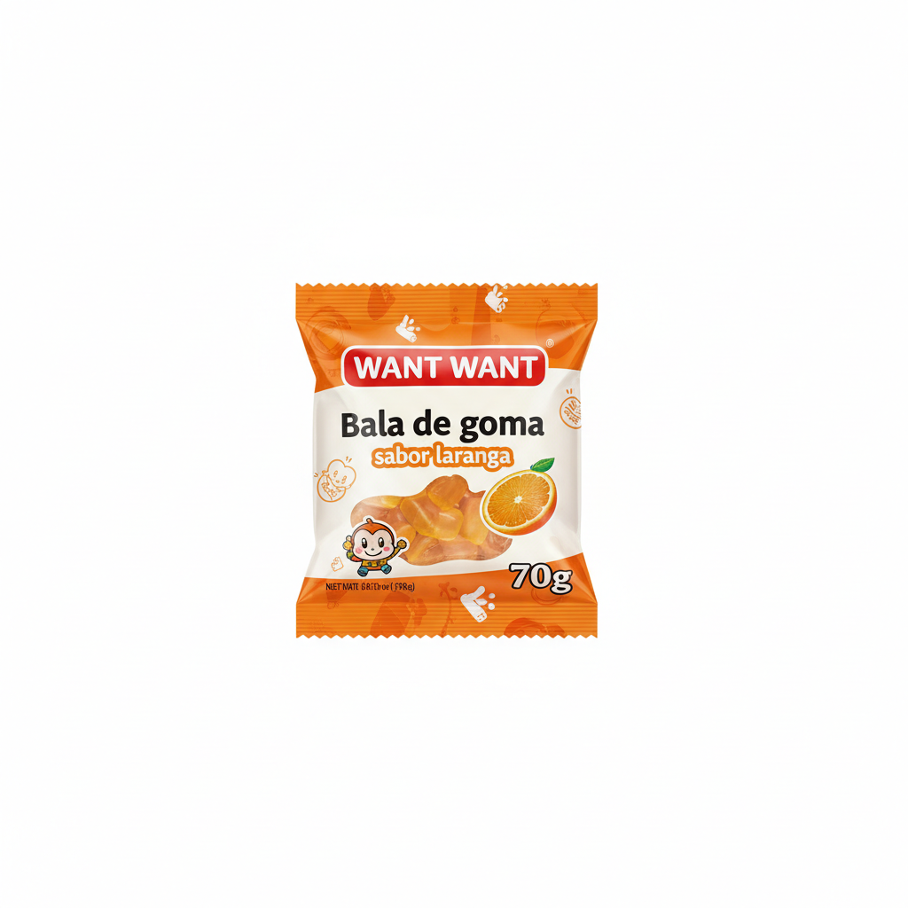 Mei Wei: Bala de Goma Sabor Laranja Want Want 70g - Embalagem em Fundo Branco