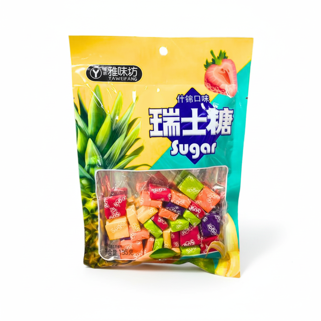 Mei Wei: Balas Mastigáveis Sabor Frutas Mistas YaWeiFang 135g - Embalagem em Fundo Branco