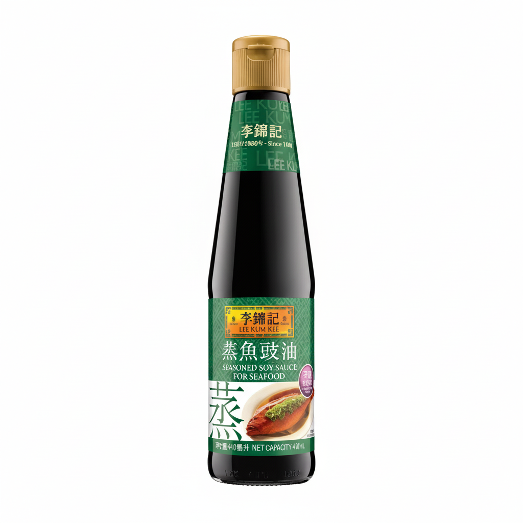 Mei Wei: Shoyu Molho de Soja para Frutos do Mar Lee Kum Kee 李錦記 410ml - Embalagem em Fundo Branco
