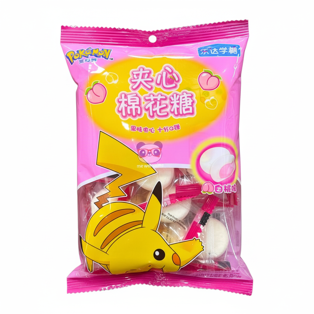 Mei Wei: Marshmallow recheado sabor pêssego branco Pikachu 80g - Embalagem em Fundo Branco