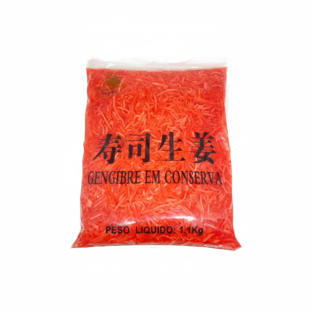 Mei Wei: Gengibre Rosado Palito Conserva Globo 1kg - Embalagem em Fundo Branco