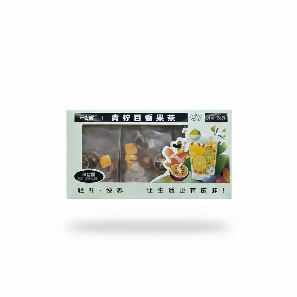 Mei Wei: Chá de Frutas com Lima e Maracujá 青柠百香果茶 Yizhengsu 96g - Embalagem em Fundo Branco