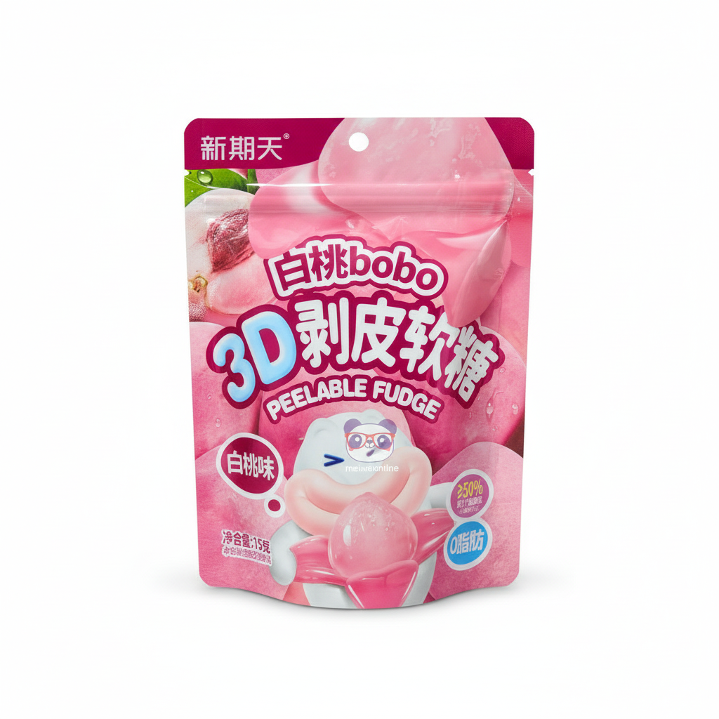 Mei Wei: Bala de Goma 3D Descascável sabor Pêssego XinQiTian 75g - Embalagem em Fundo Branco