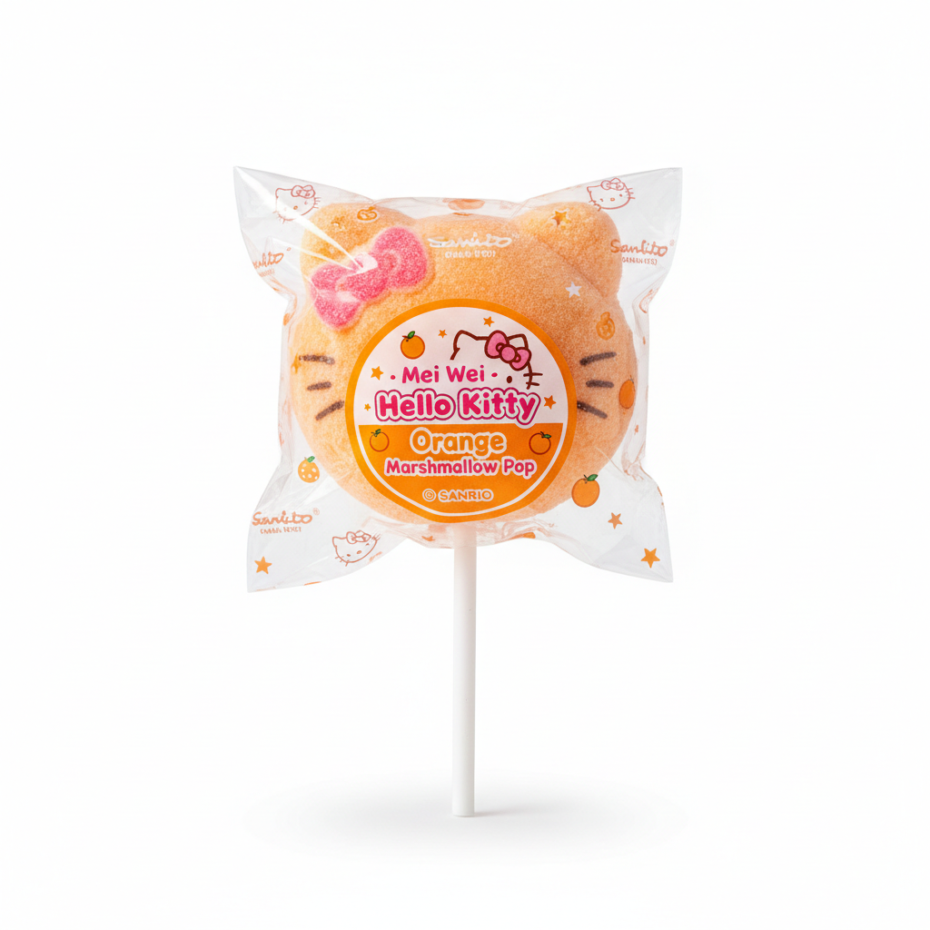 Mei Wei: Pirulito de Marshmallow Hello Kitty Laranja Sanrio 22g - Embalagem em Fundo Branco