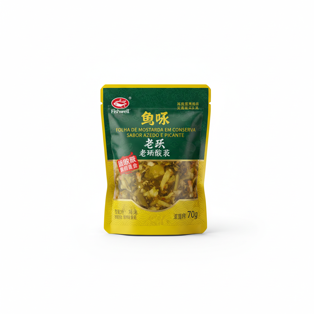 Mei Wei: Folha de Mostarda em Conserva Sabor Azedo e Picante 鱼泉 老坛酸菜 70g - Embalagem em Fundo Branco