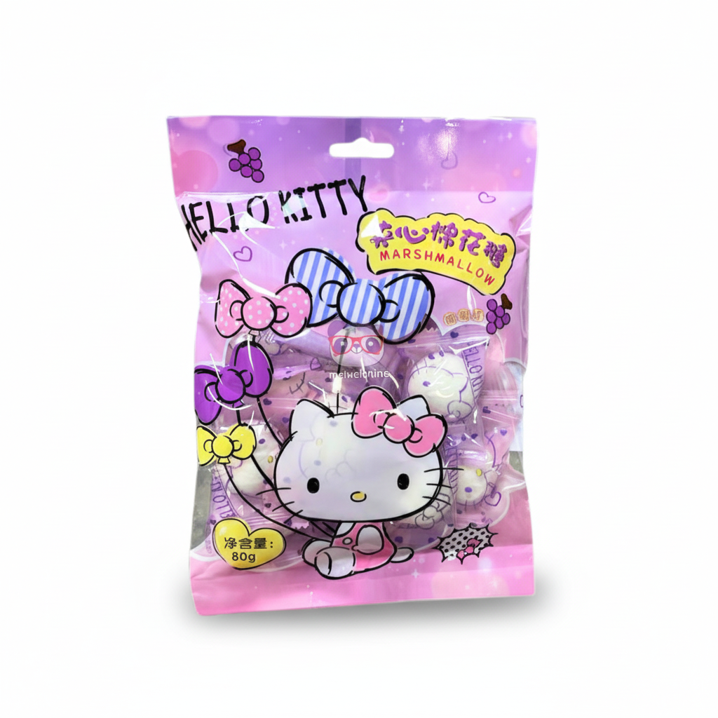 Mei Wei: Marshmallow Recheado Sabor Uva Hello Kitty Sanrio 80g - Embalagem em Fundo Branco