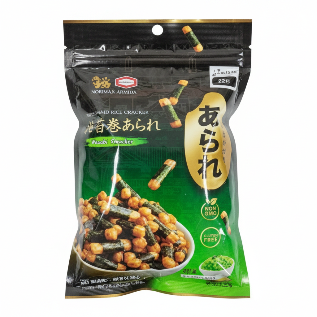 Mei Wei: Biscoito de Arroz com Algas Marinhas Sabor Wasabi Singha Kameda 85g × 24un - Embalagem em Fundo Branco