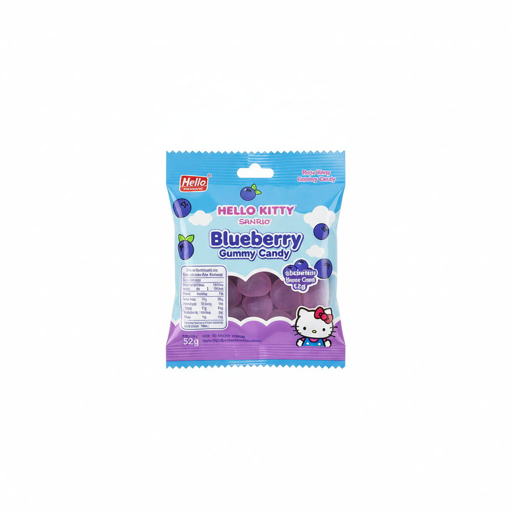 Mei Wei: Bala de Goma Hello Kitty Blueberry 52g - Embalagem em Fundo Branco