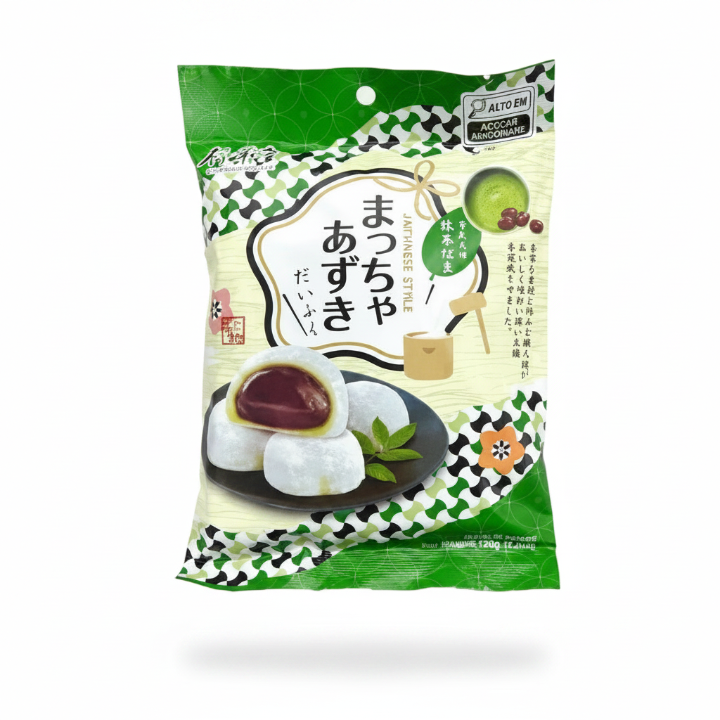 Mei Wei: Bolinho de Arroz Mochi Chá Verde e Azuki まっちゃあずき Bamboo House 120g - Embalagem em Fundo Branco