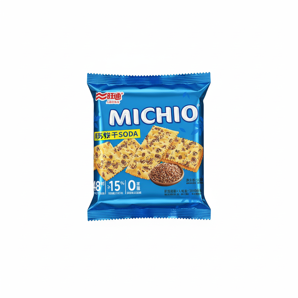 Mei Wei: Biscoito Soda Gergelim Preto Michio Wang Wang 300g - Embalagem em Fundo Branco