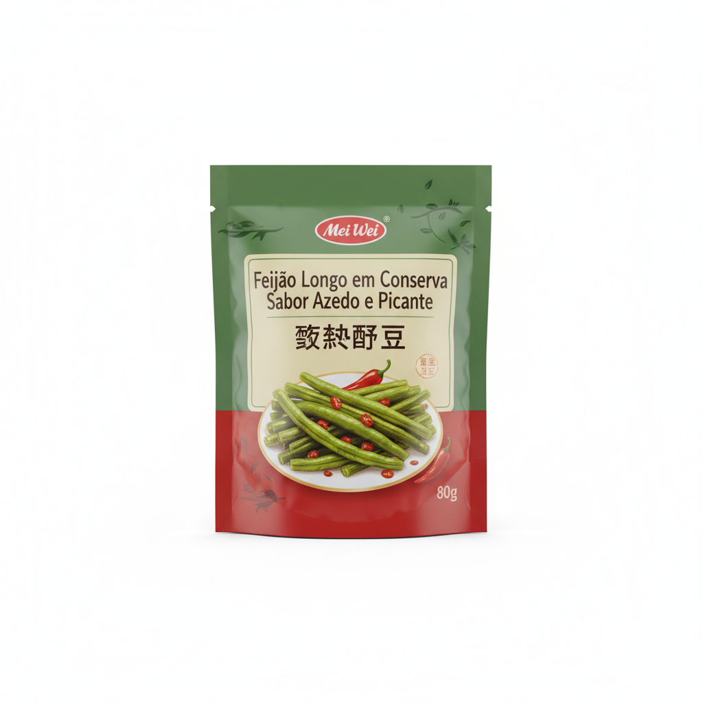 Mei Wei: Feijão Longo em Conserva Sabor Azedo e Picante 酸辣豇豆 80g - Embalagem em Fundo Branco