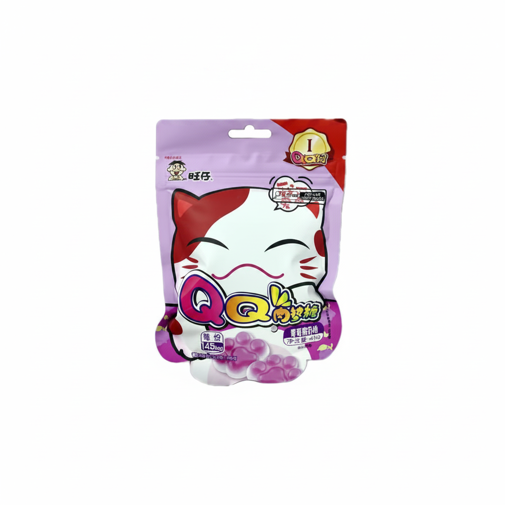 Mei Wei: Bala de Goma QQ Kitty Want Want Iogurte e Uva 45g - Embalagem em Fundo Branco